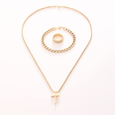 Picture of 3pcs/set Men's Fashion Alloy Cross Pendant Necklace + Bracelet + Ring Set  for Men Gold 