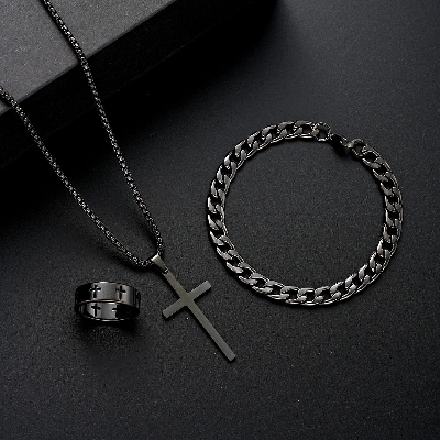 Picture of Style 3-Piece Fashion Jewelry Set  Stainless Steel, Simple Golden Necklace Combo for Men Casual Accessories  