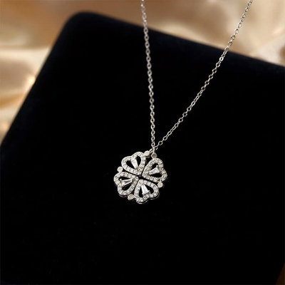 Picture of Luxury four-leaf clover pendant necklace for women -crystal heart magnetic necklaces- gift for girlfriend- mom-two ways to wear Silver 