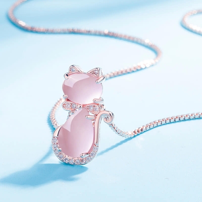 Picture of New Rose Gold Natural Stone Cat Necklace Girls Jewelry Necklace for Women Gold 