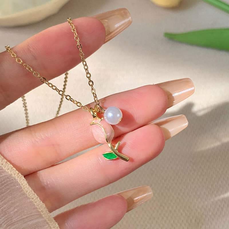 Picture of New Cute Tulip Flower Shaped Pendant Peach Pearl Flower Chain For Women Gold 