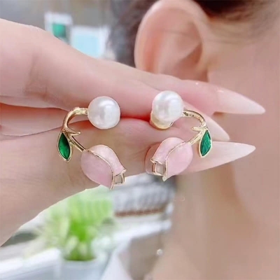 Picture of Pearl Tulip Flower Earrings for Women Pink Adjustable