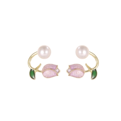 Picture of Pearl Tulip Flower Earrings for Women Pink Adjustable