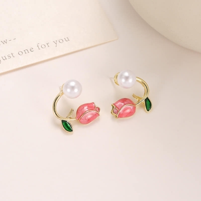 Picture of Pink Tulip Pearl Stud Earrings For Women Two Ways To Wear Ear Studs For Daily Life Party Jewelry Lightweight Ear Cuff Tulip Red Adjustable
