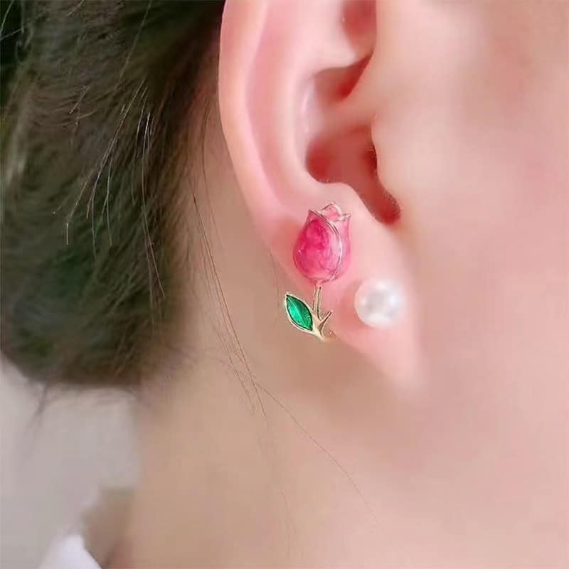 Picture of Pink Tulip Pearl Stud Earrings For Women Two Ways To Wear Ear Studs For Daily Life Party Jewelry Lightweight Ear Cuff Tulip Red Adjustable