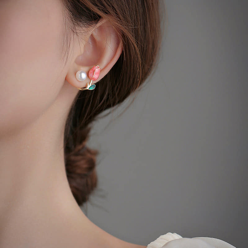 Picture of Pink Tulip Pearl Stud Earrings For Women Two Ways To Wear Ear Studs For Daily Life Party Jewelry Lightweight Ear Cuff Tulip Red Adjustable