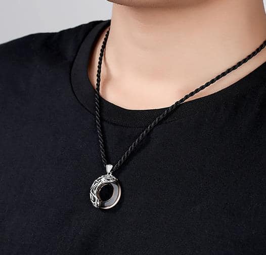 Picture of Round Stylish Men Pendant Necklaces Metal Cool Leather Chain Pendant  For Men Black 