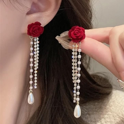 Picture of Red Flower Simulated-pearl Long Tassel Dangle Earrings for Women Red 