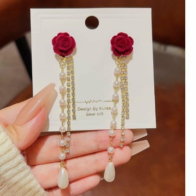 Picture of Red Flower Simulated-pearl Long Tassel Dangle Earrings for Women Red 