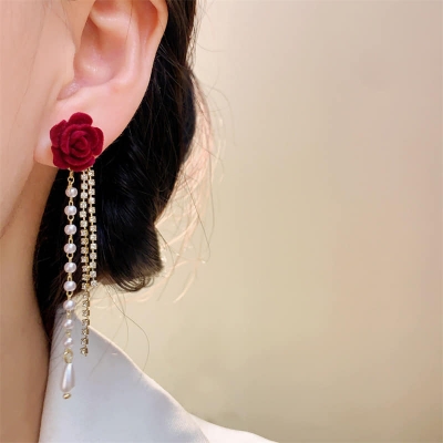 Picture of Red Flower Simulated-pearl Long Tassel Dangle Earrings for Women Red 