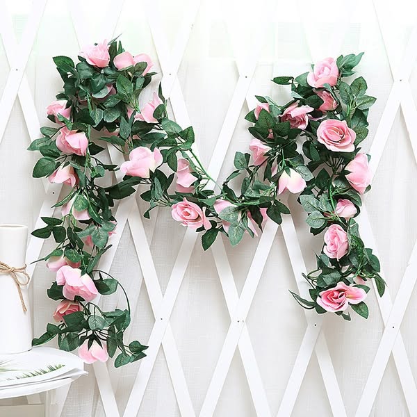 Picture of Charming Cottagecore: Artificial Floral Letter M with Pink Roses & Leaves Pink 
