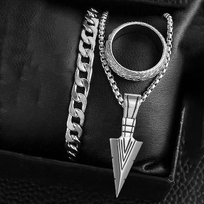 Picture of Premium Stainless Steel Norse-Inspired Arrow Pendant, Thick Cuban Bracelet & Textured Ring Set  
