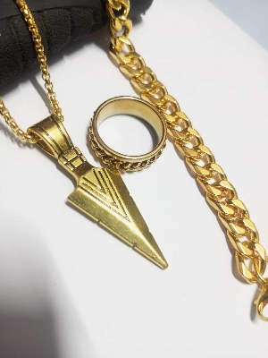 Picture of Premium Stainless Steel Norse-Inspired Arrow Pendant, Thick Cuban Bracelet & Textured Ring Set  