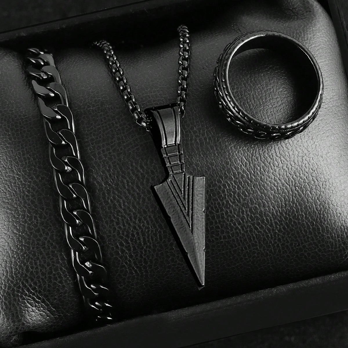 Picture of Premium Stainless Steel Norse-Inspired Arrow Pendant, Thick Cuban Bracelet & Textured Ring Set  