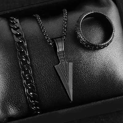 Picture of Premium Stainless Steel Norse-Inspired Arrow Pendant, Thick Cuban Bracelet & Textured Ring Set  