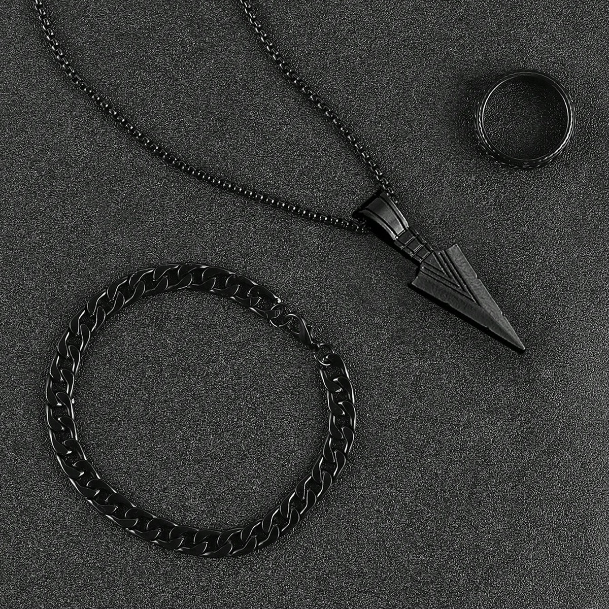Picture of Premium Stainless Steel Norse-Inspired Arrow Pendant, Thick Cuban Bracelet & Textured Ring Set  