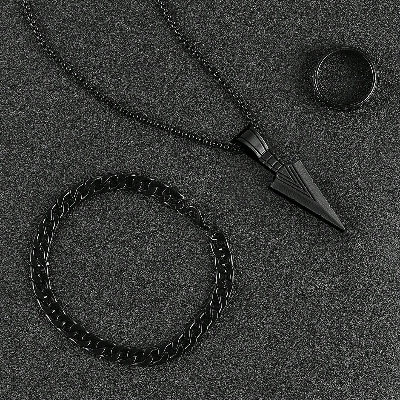 Picture of Premium Stainless Steel Norse-Inspired Arrow Pendant, Thick Cuban Bracelet & Textured Ring Set  