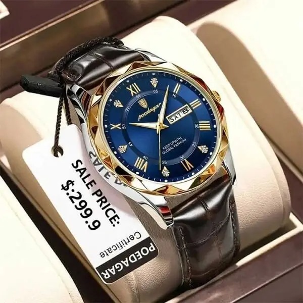 Picture of High-End Men’s Fashion Watch with Brown Leather Strap and Gold Finish  