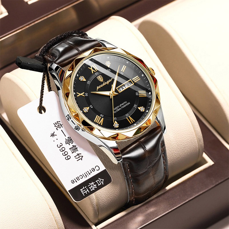 Picture of High-End Men’s Fashion Watch with Brown Leather Strap and Gold Finish  