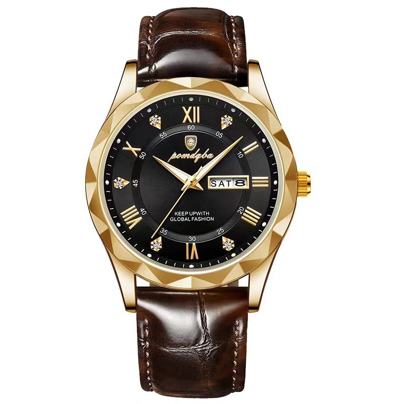 Picture of High-End Men’s Fashion Watch with Brown Leather Strap and Gold Finish  