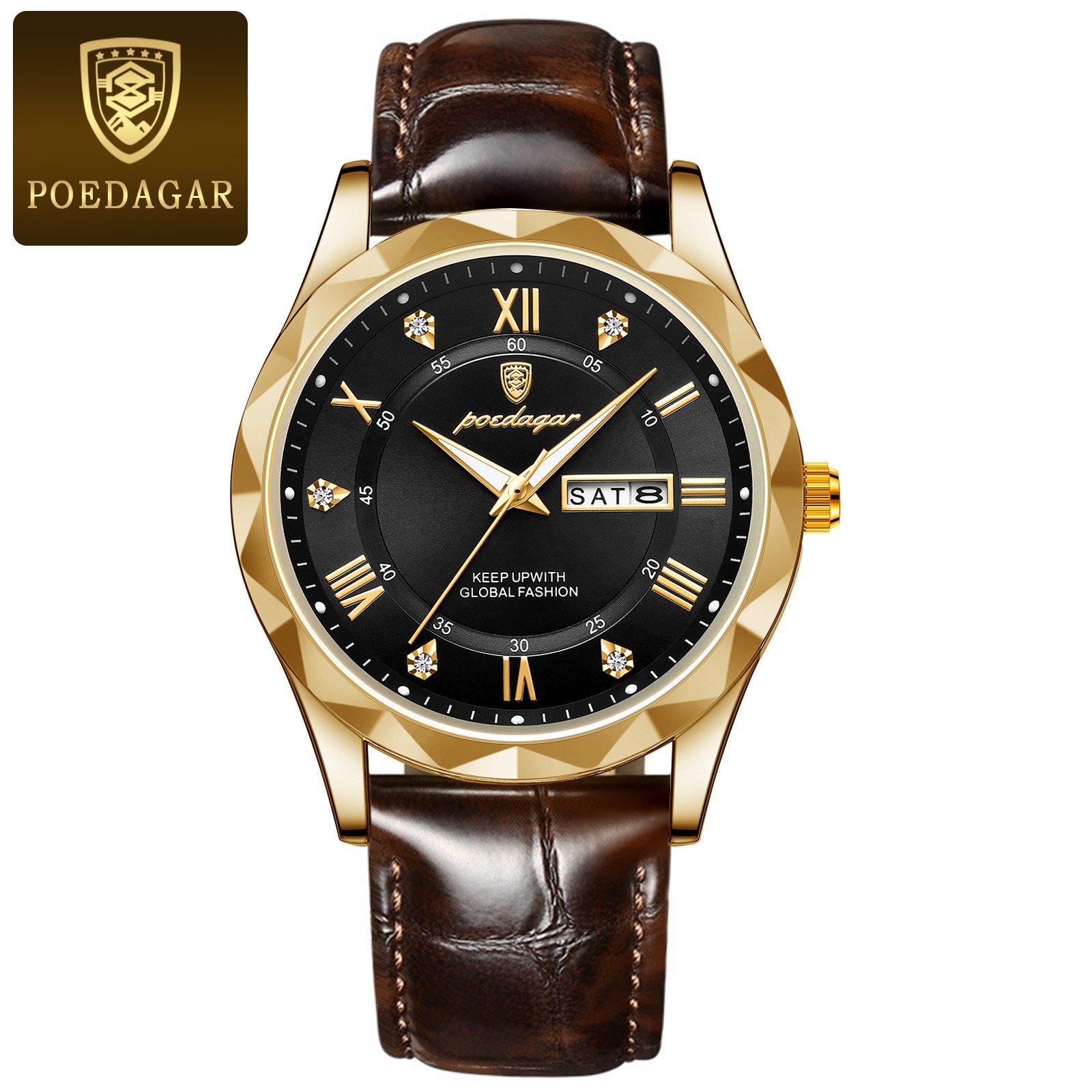 Picture of High-End Men’s Fashion Watch with Brown Leather Strap and Gold Finish  