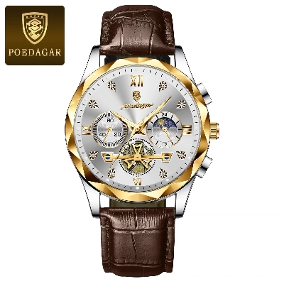Picture of High-End Men’s Fashion Watch with Brown Leather Strap and Gold Finish  