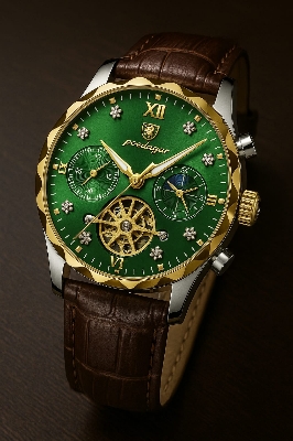 Picture of High-End Men’s Fashion Watch with Brown Leather Strap and Gold Finish  
