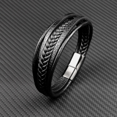 Picture of Men's Women Leather Bracelet Stainless Magnet Special Birthday Gift Bracelet Gif Black 21 CM