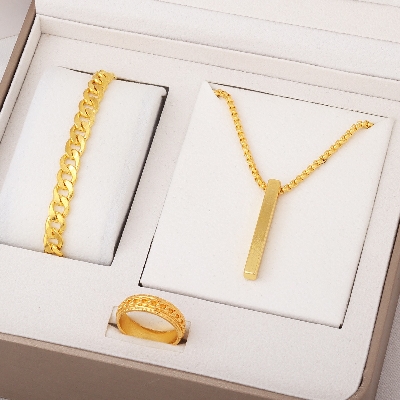 Picture of Golden Men's Sleek Stainless Steel Geometric Pendant Necklace -Necklace Bracelet & Ring Set for Men  