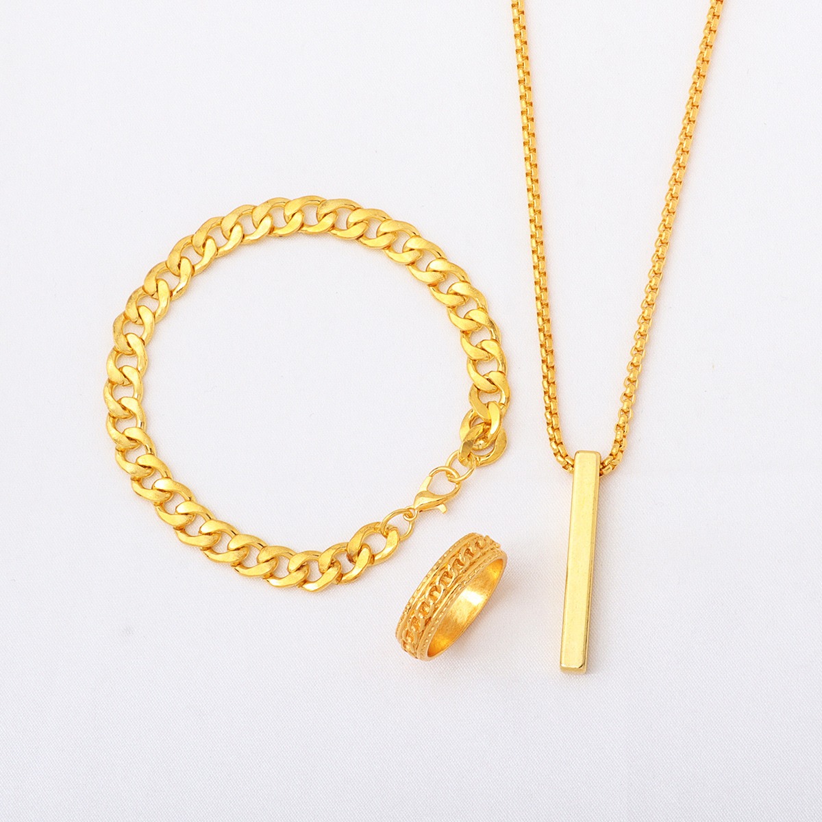 Picture of Golden Men's Sleek Stainless Steel Geometric Pendant Necklace -Necklace Bracelet & Ring Set for Men  