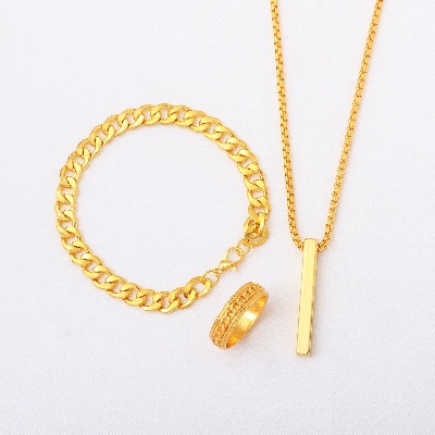 Picture of Golden Men's Sleek Stainless Steel Geometric Pendant Necklace -Necklace Bracelet & Ring Set for Men  