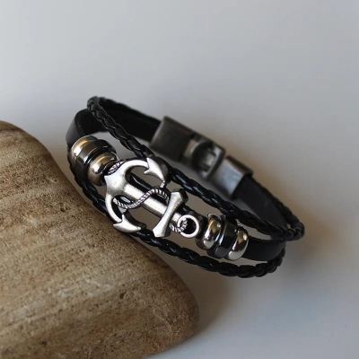 Picture of Leather Bracelets for Men and Boys Black 