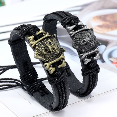 Picture of Hip Hop Rock Band Bracelet Steampunk Band Symbol Adjustable Wolf Head Charm Leather Bracelets Men Women Collection Black 