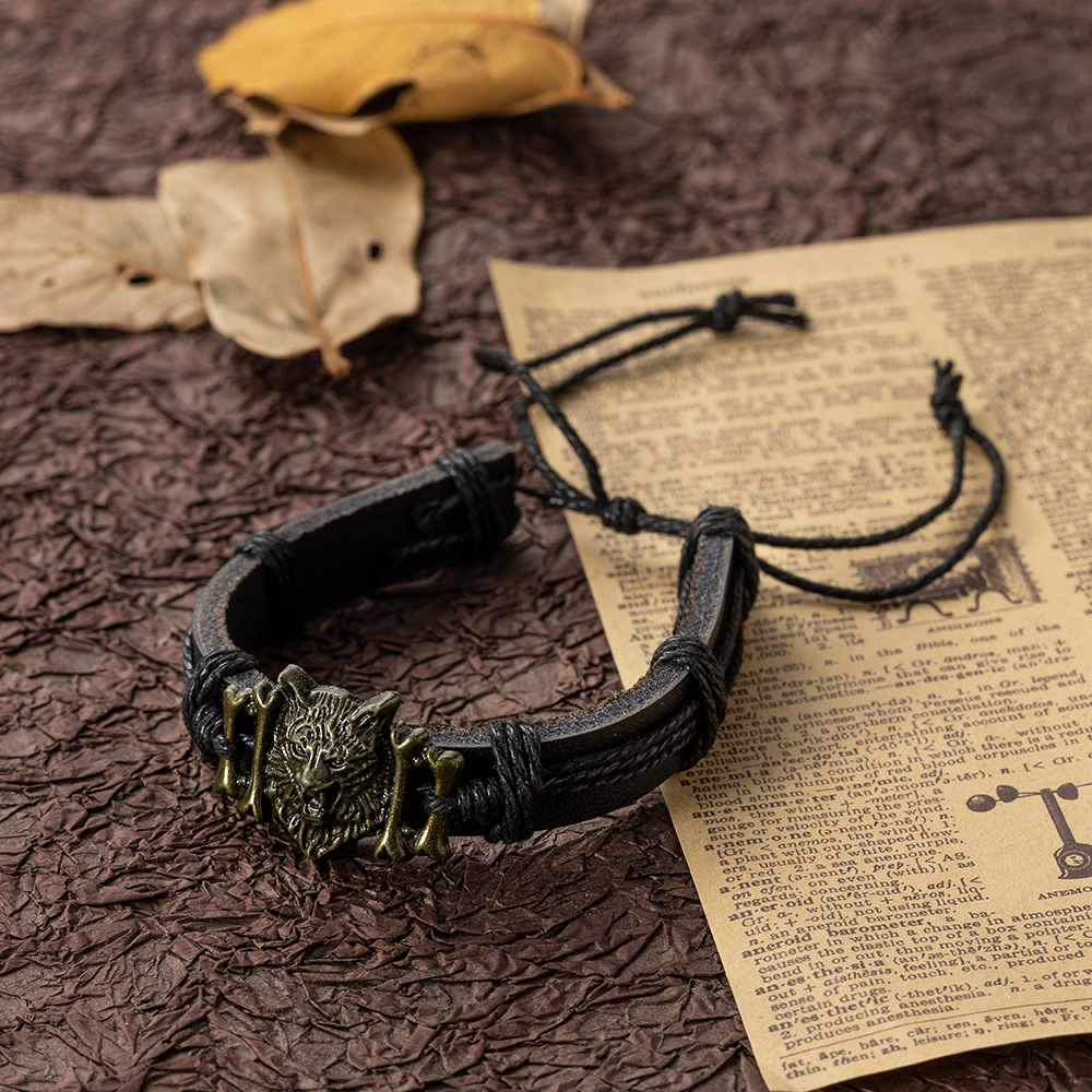 Picture of Hip Hop Rock Band Bracelet Steampunk Band Symbol Adjustable Wolf Head Charm Leather Bracelets Men Women Collection Black 