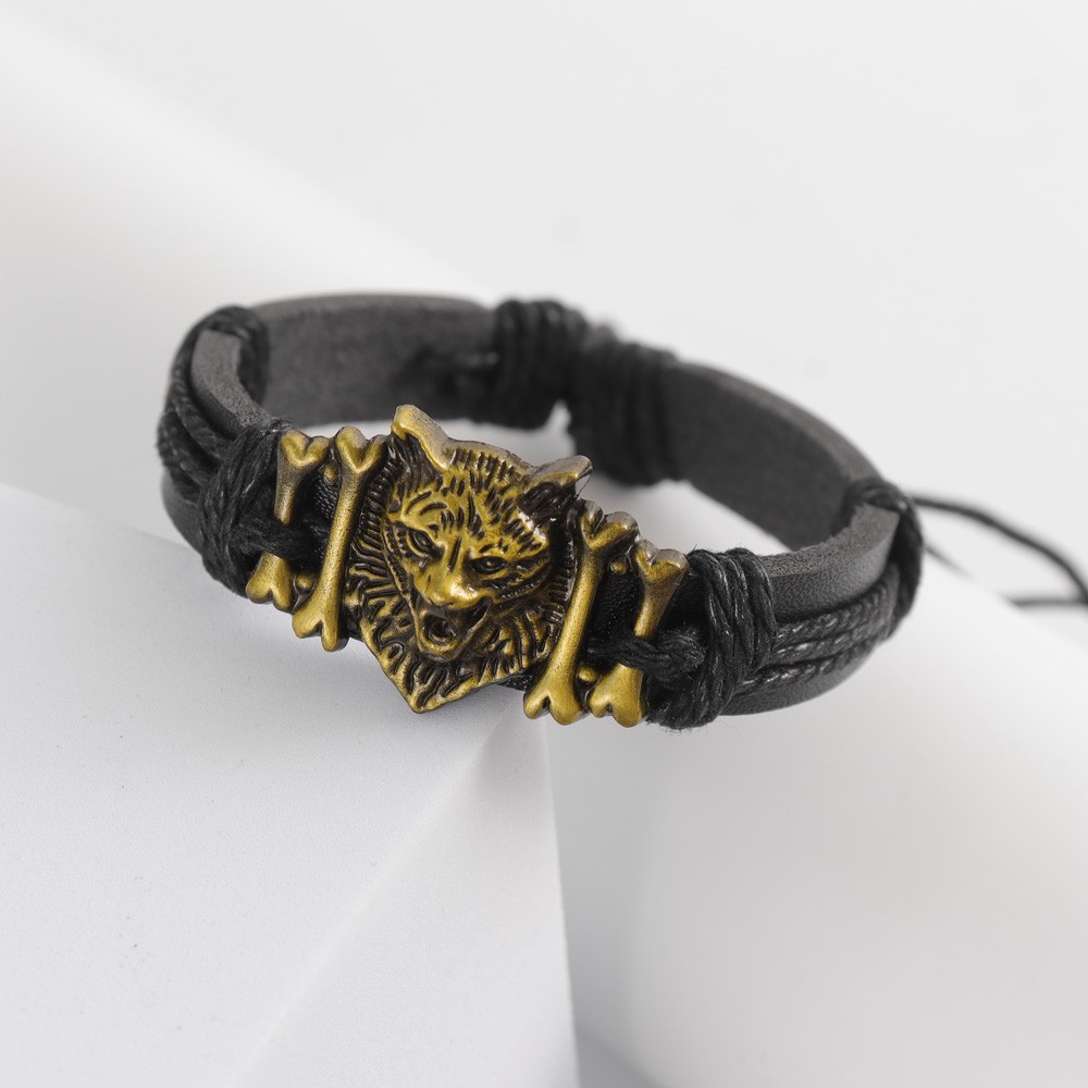 Picture of Hip Hop Rock Band Bracelet Steampunk Band Symbol Adjustable Wolf Head Charm Leather Bracelets Men Women Collection Black 