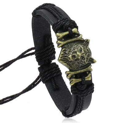 Picture of Hip Hop Rock Band Bracelet Steampunk Band Symbol Adjustable Wolf Head Charm Leather Bracelets Men Women Collection Black 