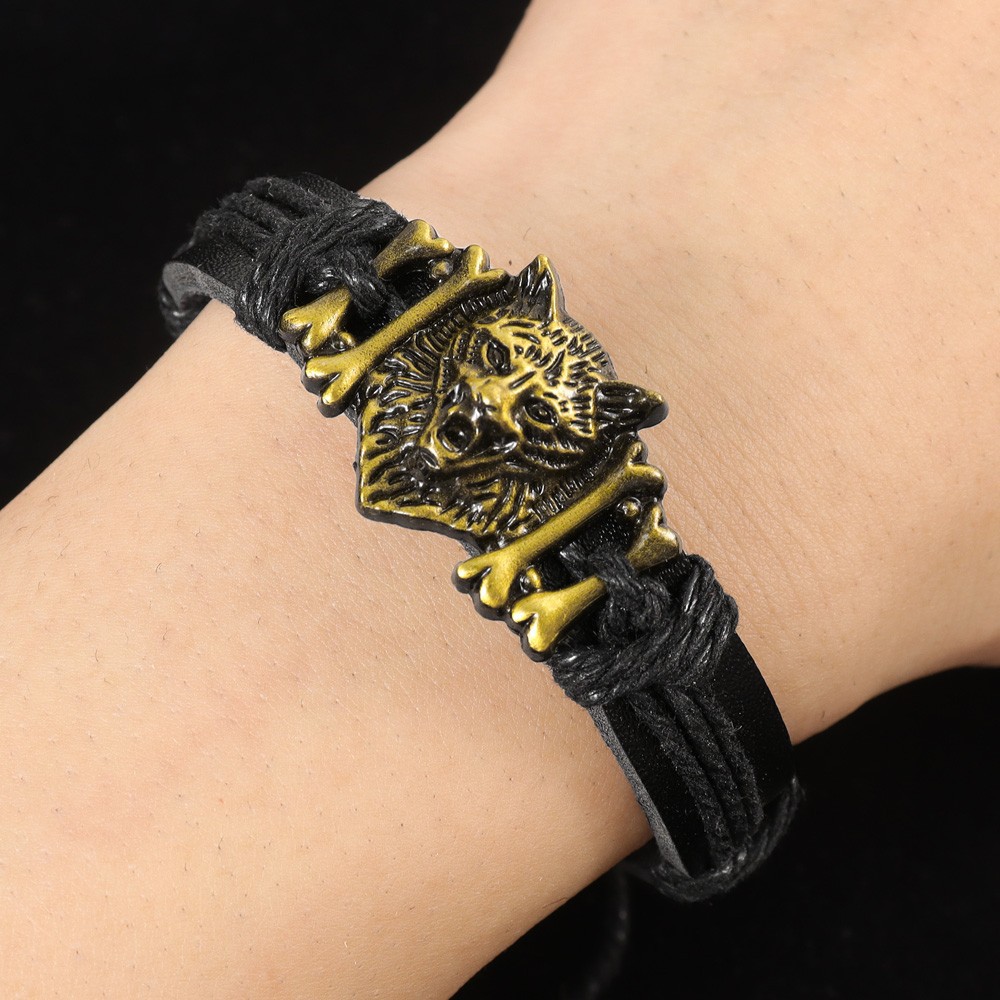 Picture of Hip Hop Rock Band Bracelet Steampunk Band Symbol Adjustable Wolf Head Charm Leather Bracelets Men Women Collection Black 