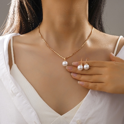 Picture of 3 Pcs Round Pearl Jewelry Set Of Earring Pendant Necklace For Women Exquisite Fashion Rhinestone Double Wedding Jewelry Set Gift Gold 