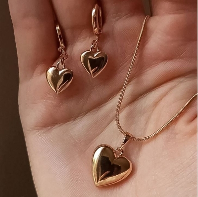 Picture of Fashion Golden Heart Pendant Earrings Necklace Bracelet Jewelry Set Gold 