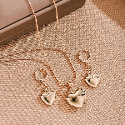 Picture of Fashion Golden Heart Pendant Earrings Necklace Bracelet Jewelry Set Gold 