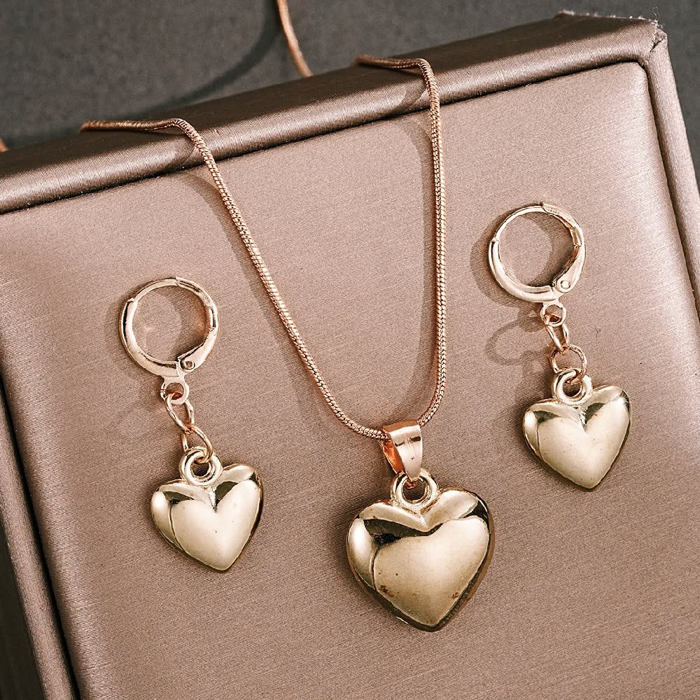 Picture of Fashion Golden Heart Pendant Earrings Necklace Bracelet Jewelry Set Gold 