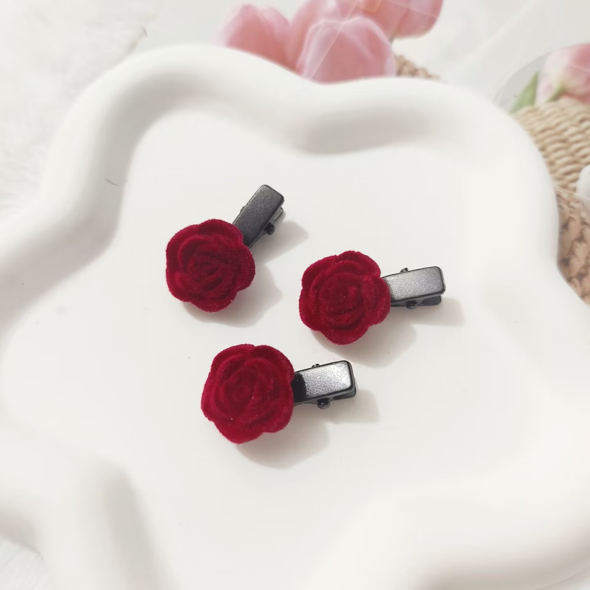 Picture of Ladies' Velvet Rose Hair Clip, Cute Internet Celebrity Hairpin For Bangs & Hair Accessories, Lovely Velvet Bowknot Barrette, Small But Cute,  One size fits all