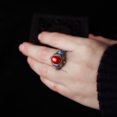 Picture of High Quality Vintage Jewelry Red Coral Ring Adjustable 