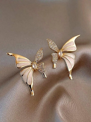 Picture of Elegant Gold Plated Enamel Butterfly Earrings - Light Luxury Style Gold 
