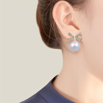 Picture of Luxury Rhinestone Bowknot Pearl Drop Earrings - Gold Plated Gold Adjustable