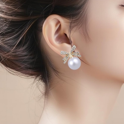 Picture of Luxury Rhinestone Bowknot Pearl Drop Earrings - Gold Plated Gold Adjustable