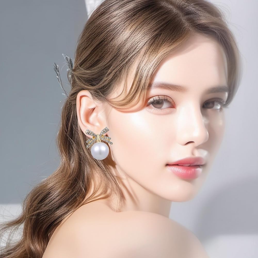 Picture of Luxury Rhinestone Bowknot Pearl Drop Earrings - Gold Plated Gold Adjustable