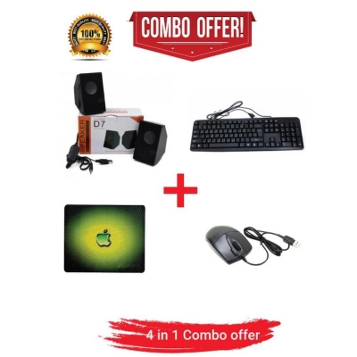 Picture of 4 in 1 Combo pack Dual Speaker + USB Keyboard with Bangla + A-4tech mouse+ Mousepad - Multicolor