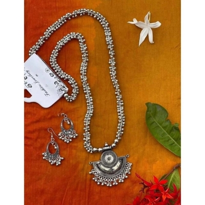 Picture of Antique Design Oxidised Silver Necklace With Earrings - Silver