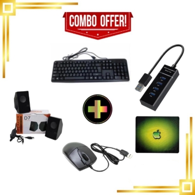 Picture of Computer Combo Pack 5 in 1 Offer Keybord, Mouse, Mousepad, Usb Dual Speaker & Usb Hub - Multicolor